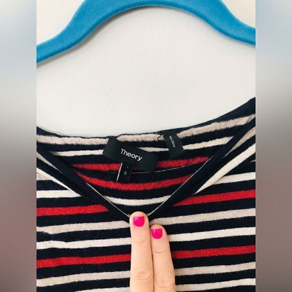 Theory | red, cream, and blue striped boat neck merino wool sweater | small - Picture 3 of 6